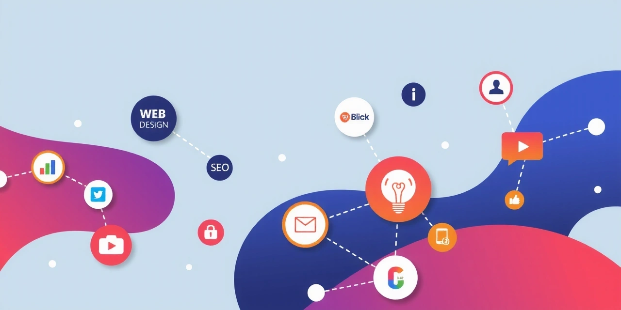 Abstraktní ilustrace digitálního světa s ikonami webdesignu, SEO a marketingu