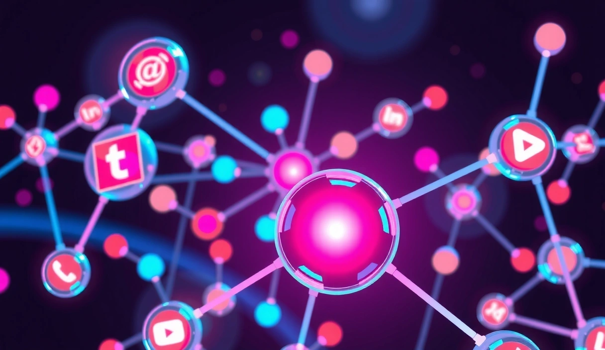 Abstraktní vizualizace digitálního marketingu s grafy a symboly online komunikace