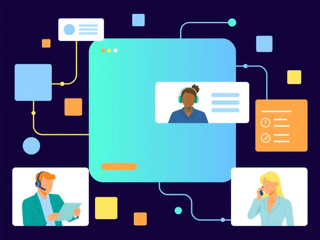 Ilustrace moderního kontaktního centra s digitálními rozhraními a lidmi komunikujícími online.