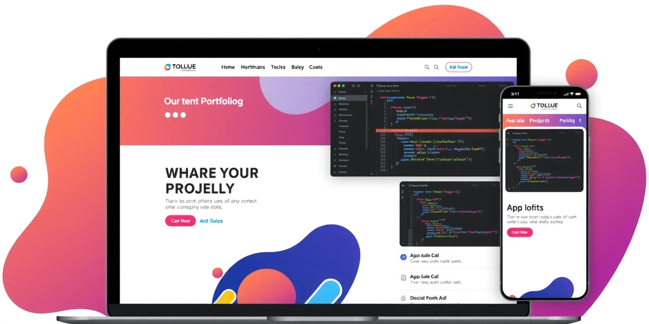 Ilustrace moderního webového rozhraní s prvky kódu a designu, symbolizující naše komplexní portfolio.