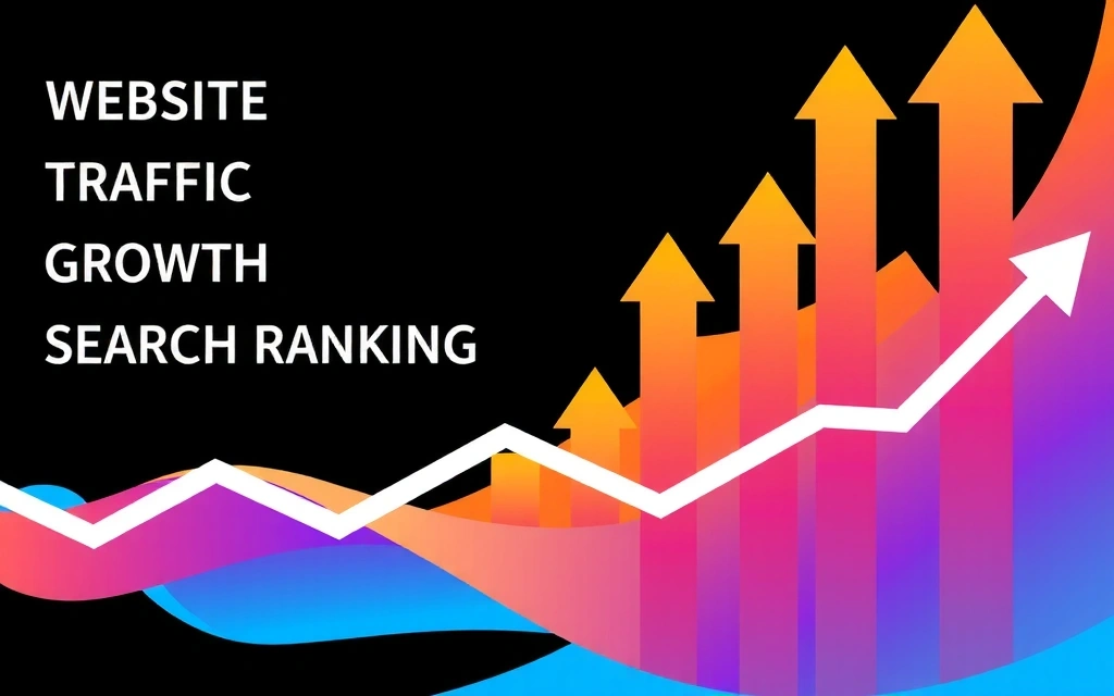 Abstraktní vizualizace růstu návštěvnosti a pozic ve vyhledávačích s grafy a šipkami nahoru