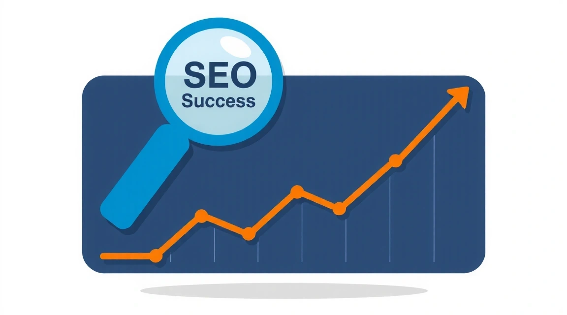 Ilustrace lupy nad grafem s rostoucí křivkou, symbolizující SEO úspěch a zvýšenou viditelnost