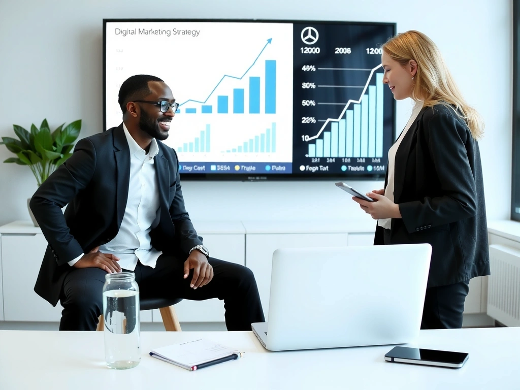 Dva kolegové diskutující o digitálním marketingu a SEO s grafy na pozadí.