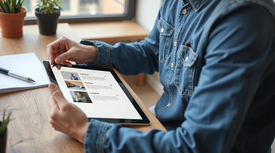 Designér pracuje na prototypu webu na tabletu