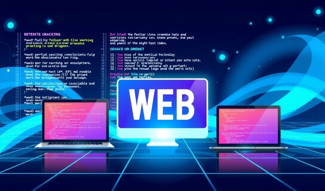 Ilustrace moderního vývoje webových stránek s kódem a digitálními zařízeními