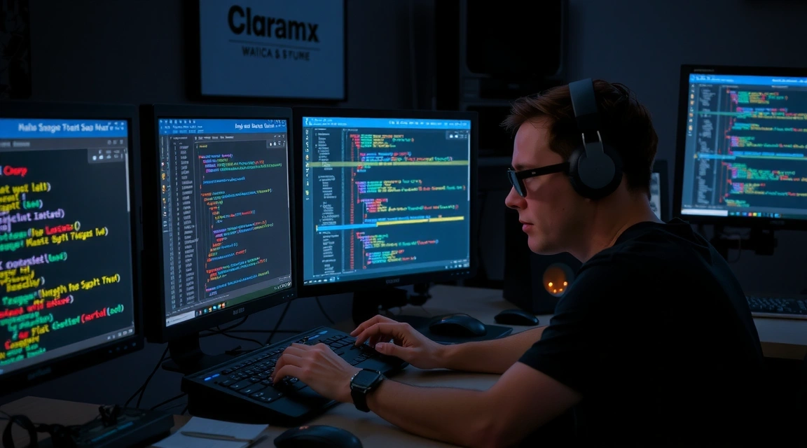 Programátor píše kód na více monitorech