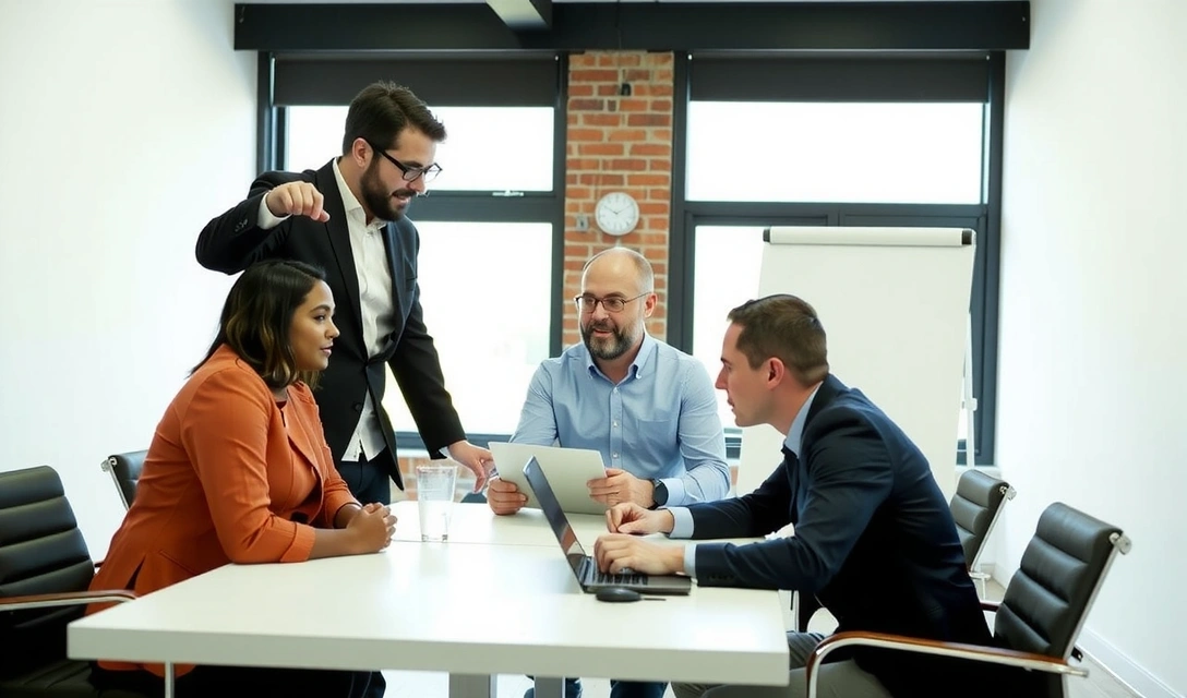 Ilustrace týmu pixelfuel diskutujícího o digitálním projektu